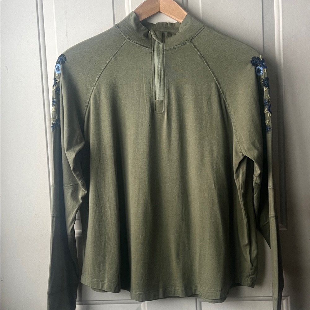 Aventura Olive Zip-Up long sleeve Shirt with Floral Details